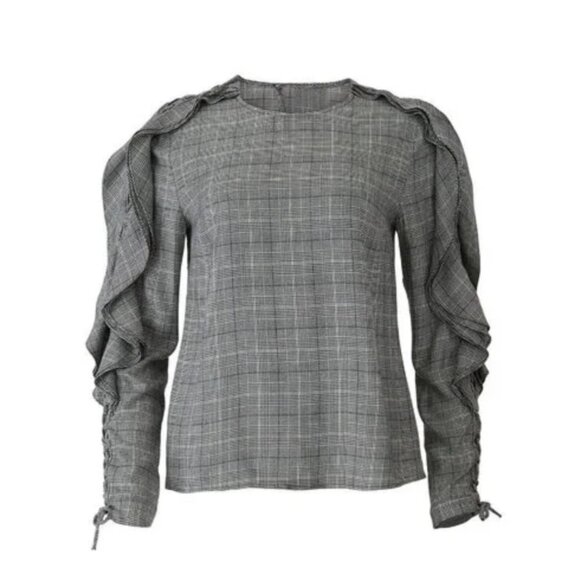 Petersyn Tops - Petersyn Gray Checkered Long Sleeve Blouse With Ruffled Sleeves Size S